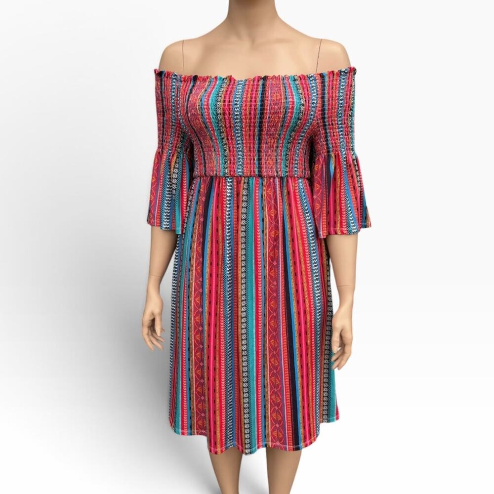 Flying Tomato 1X Boho Tribal Geometric Stripe Off Shoulder Bell Sleeve Dress NEW
